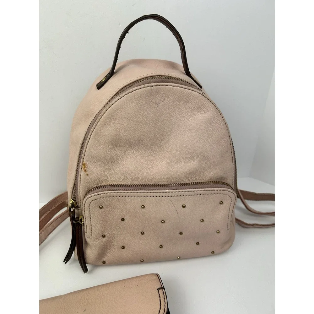 Fossil Studded Light Pink Backpack Brown Straps Gold Hardware Wallet Set